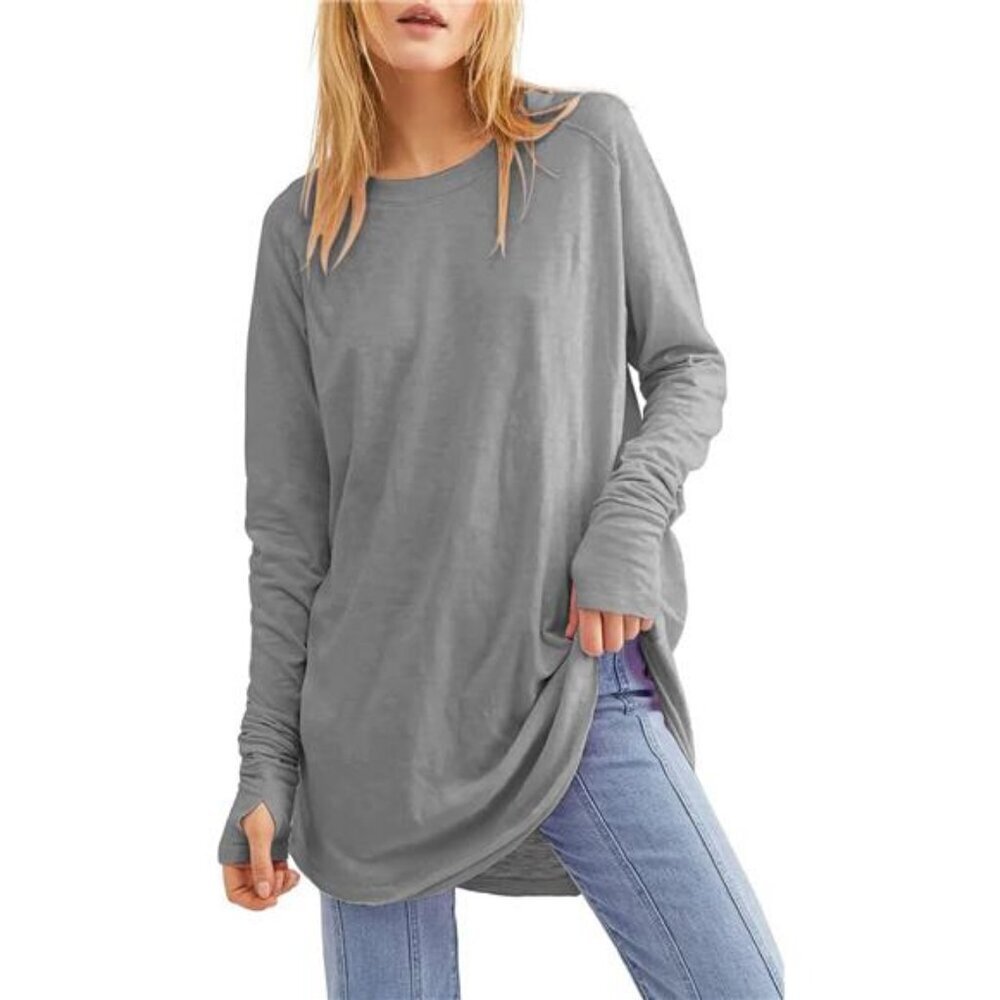 Women's Casual Long Sleeve Tops Crew Neck Round Hem Loose T-Shirts Tunic Tops